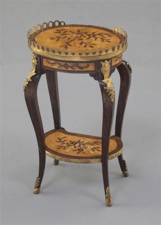 Denis Hillman. A Louis XV style marquetry inlaid miniature two tier etagere, height 2.5in.